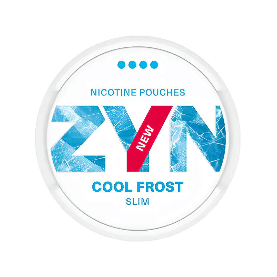 Detail close-up of ZYN nicotine pouch showcasing blue and white branding with flavor indication.