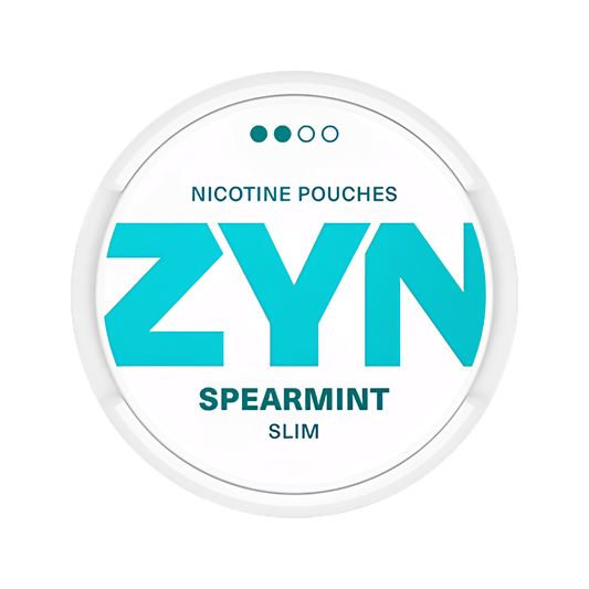 Packaging of Zyn Spearmint pouches in teal and white featuring bold text and flavor indication.