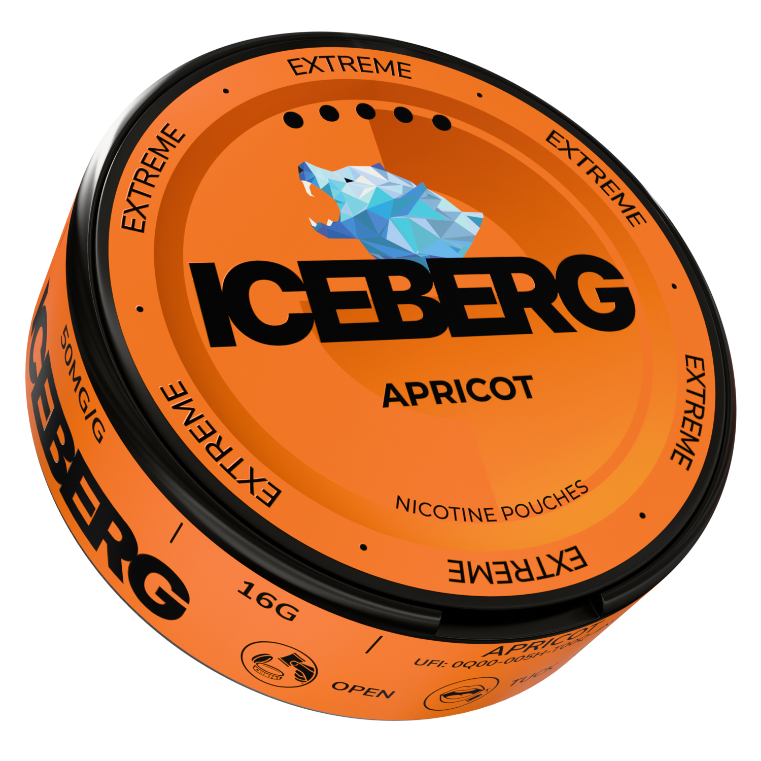 Side view of the orange container featuring label text and iceberg graphic.