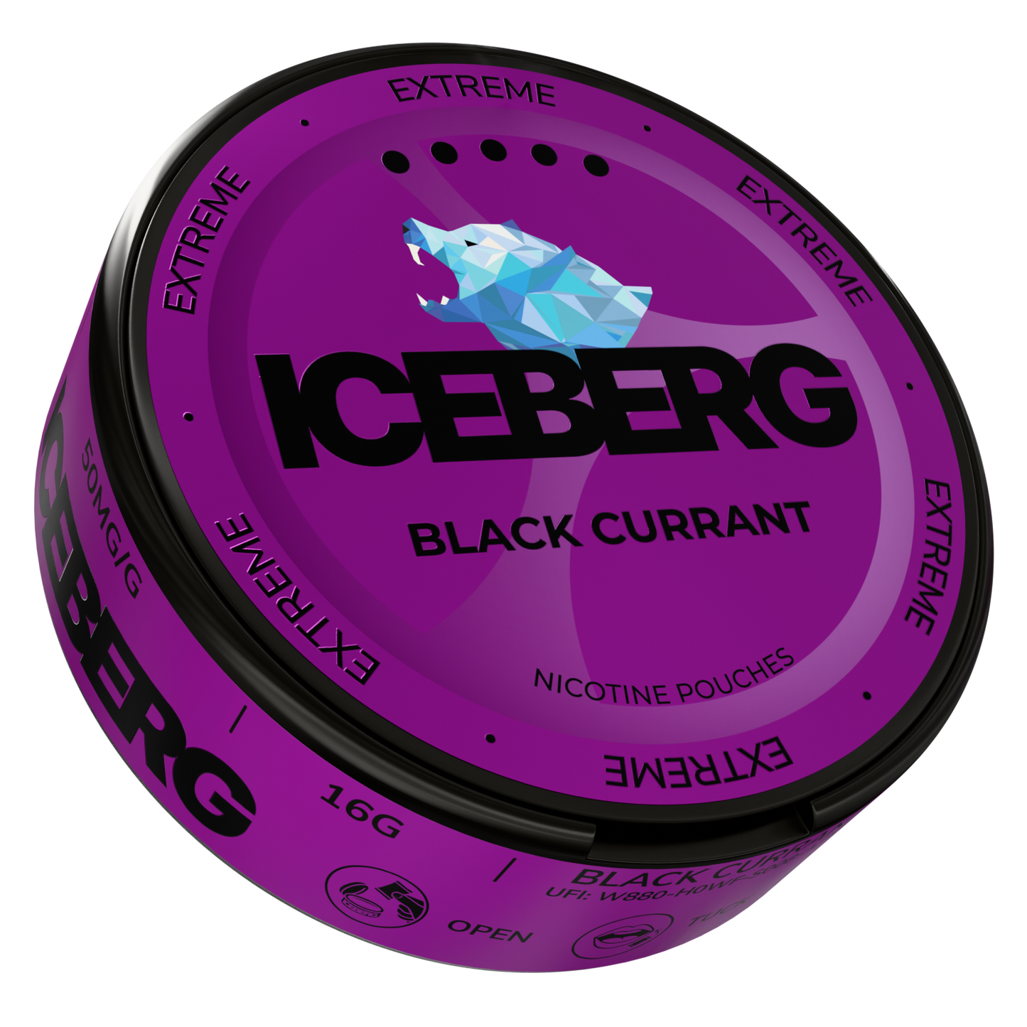 Side view of the Iceberg Black Currant container, showcasing its circular shape and purple and black label text.