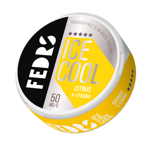 Front view of the round citrus-flavored can showcasing bold yellow, black, and white branding.