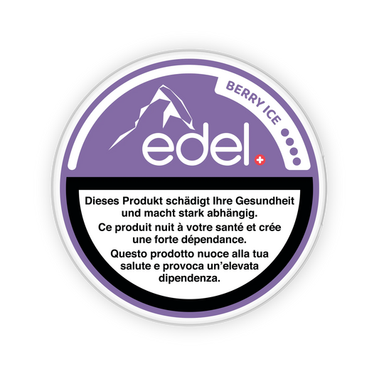 Detail close-up of the Edel Berry Ice snus can showcasing the mountain logo and warning label in purple and white.