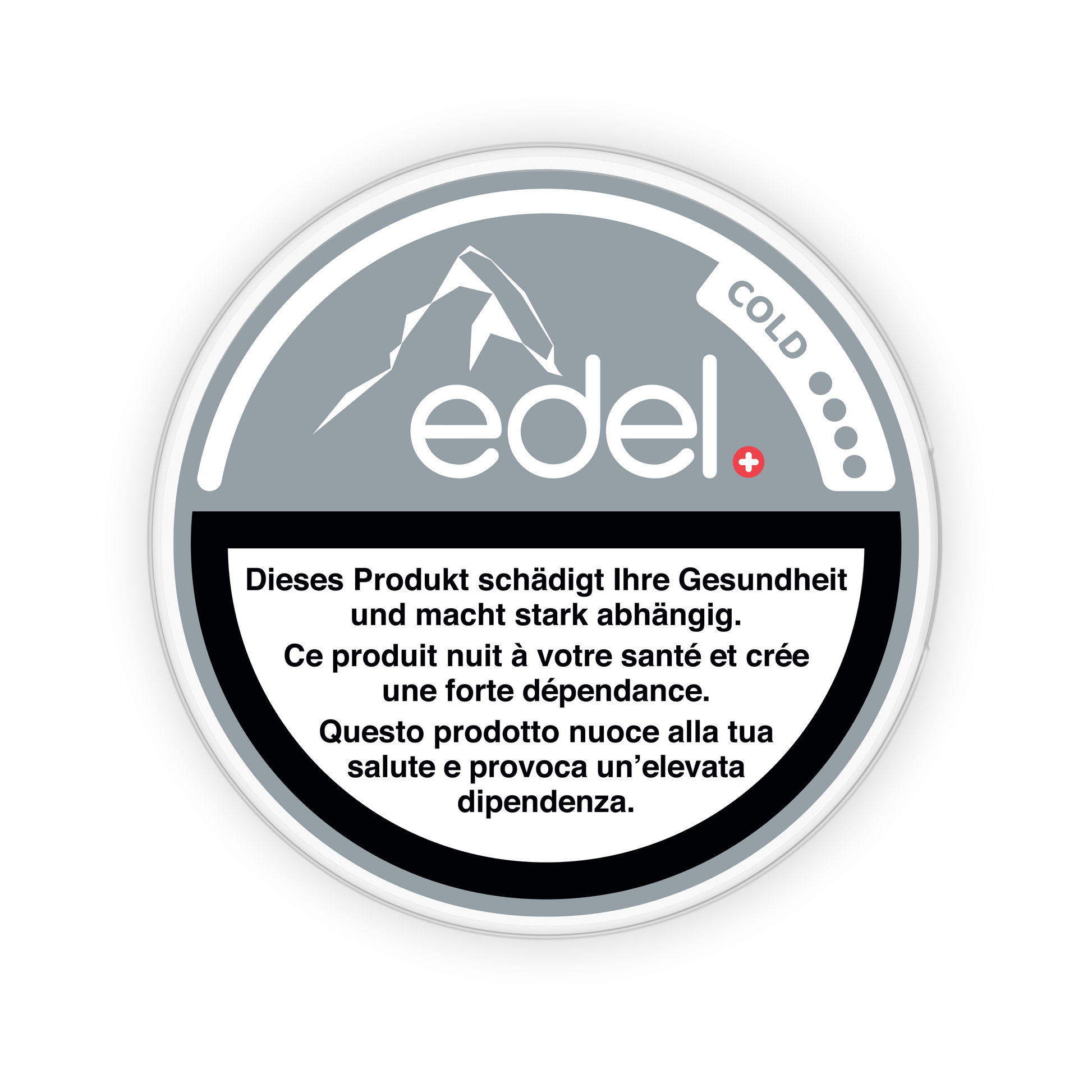 Detail close-up of the black and white Edel Cold snus can featuring a mountain logo and text information.