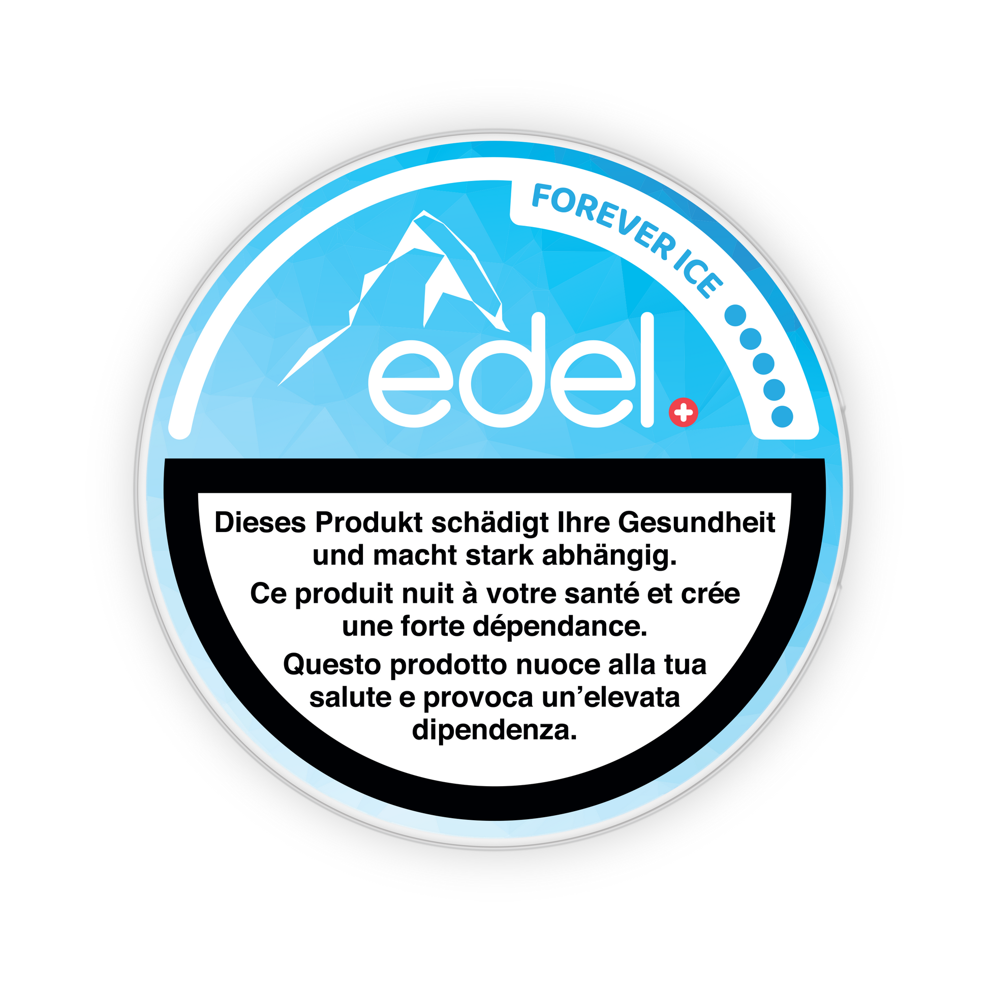 Detail close-up of the Edel Foreverice snus can lid featuring a blue, black, and white mountain logo.
