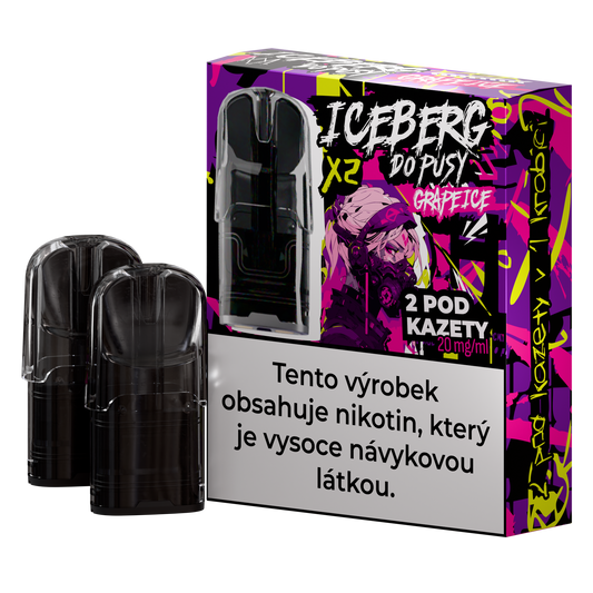 Packaging shot of two black vape pens with purple accents and a warning label.