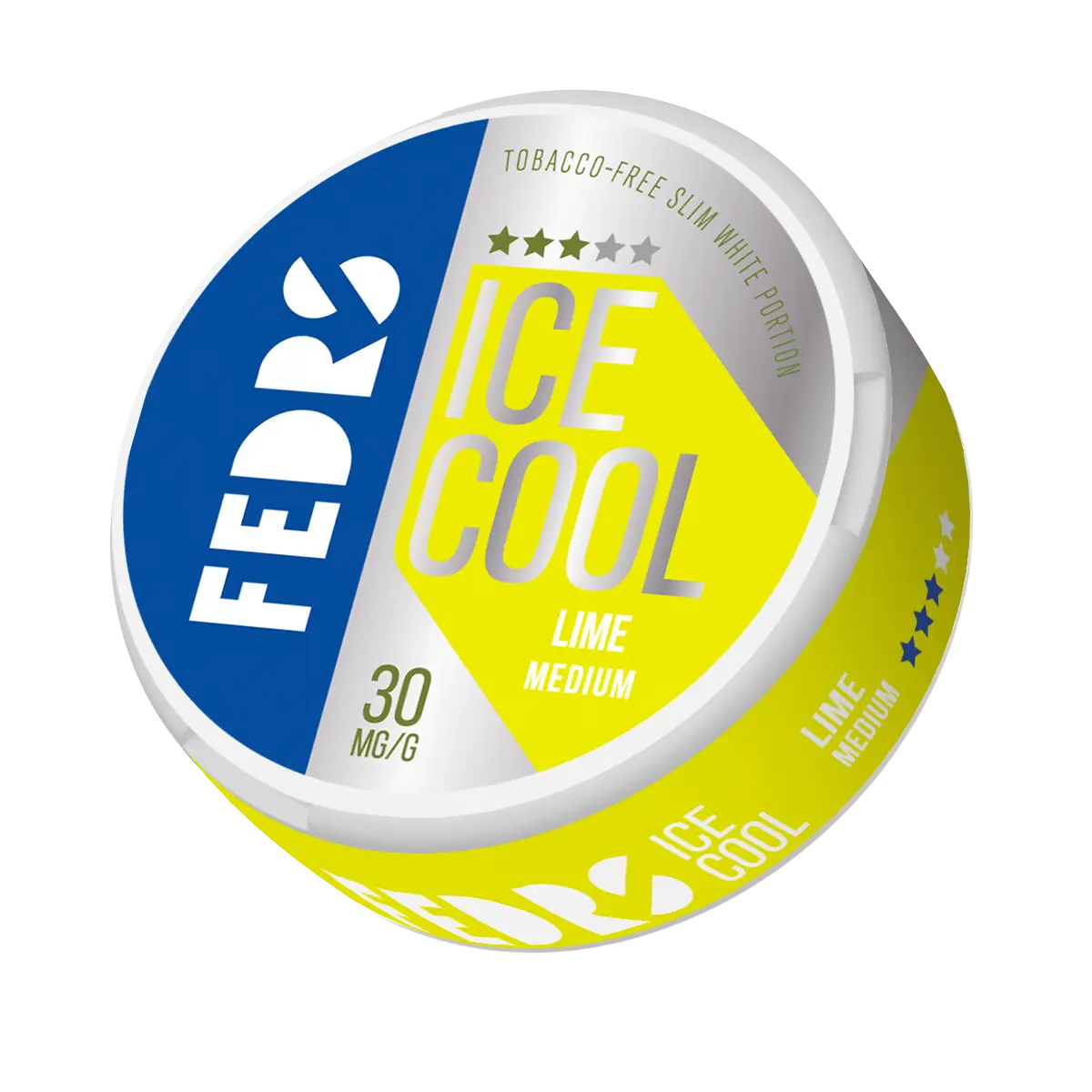 Front view of the round cooling product container in blue, yellow, and white with brand logo and label design.