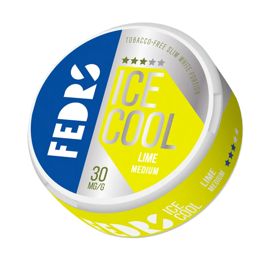 Front view of the round cooling product container in blue, yellow, and white with brand logo and label design.