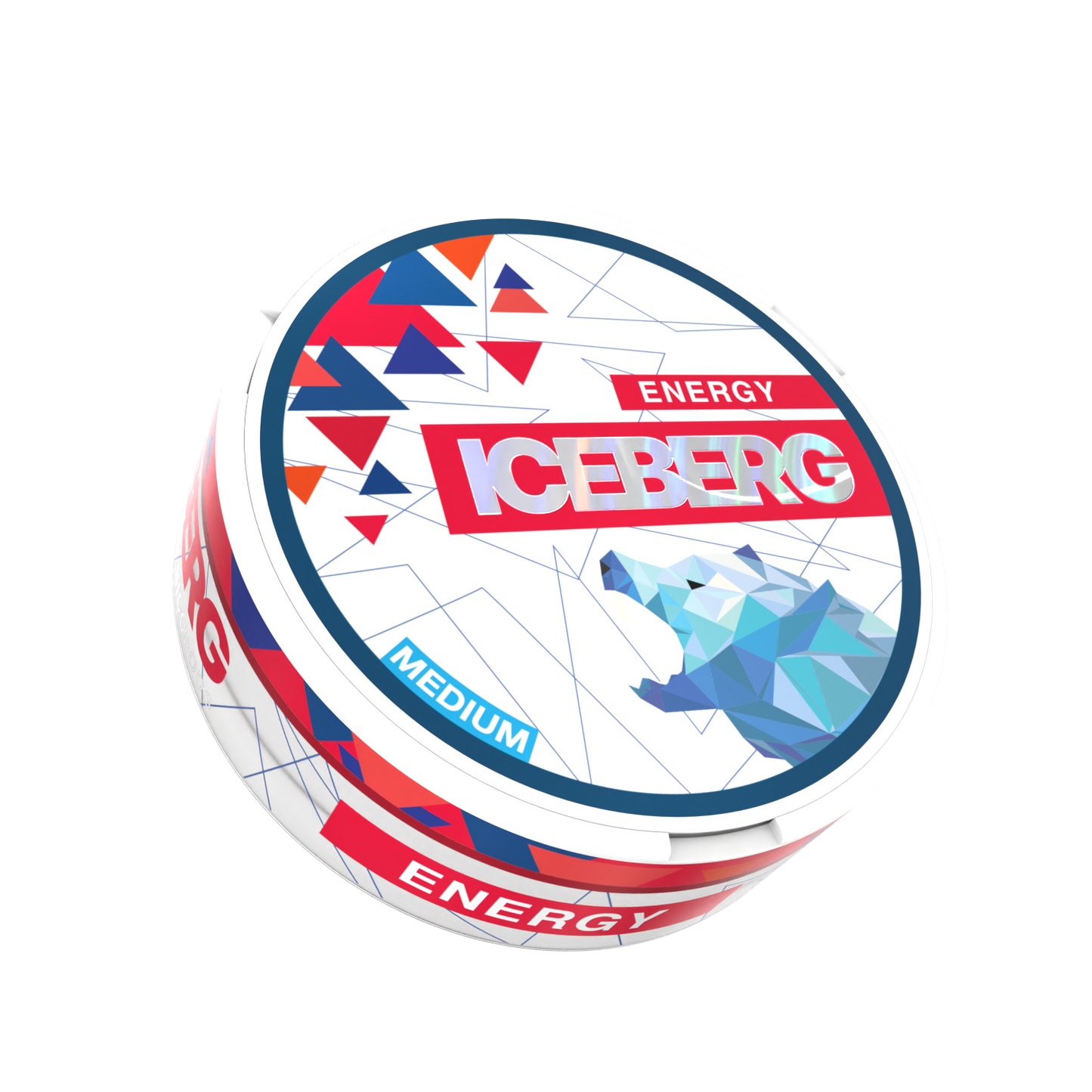 Front view of a circular container featuring a polar bear graphic, blue and red colors, and triangular patterns.