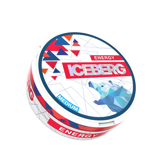 Front view of a circular container featuring a polar bear graphic, blue and red colors, and triangular patterns.
