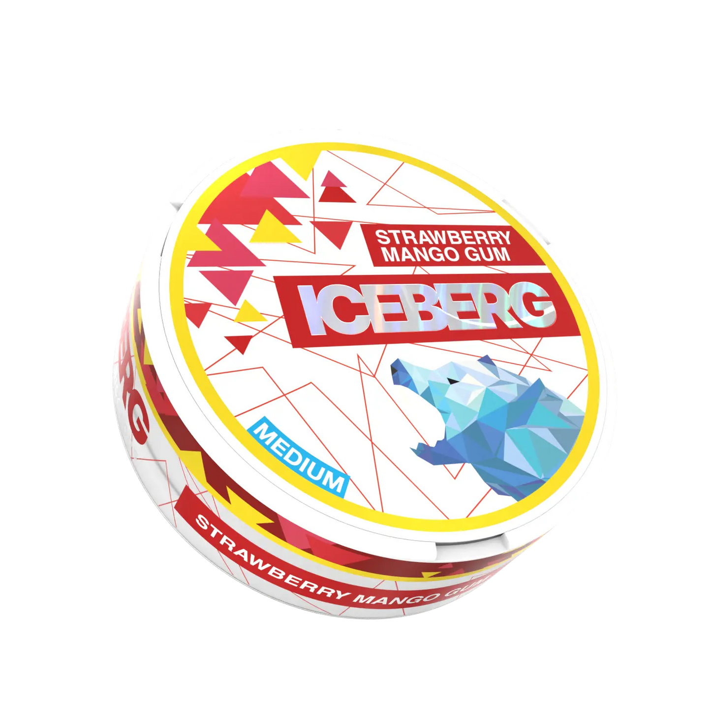 Packaging of Iceberg Strawberry Mango Gum in a circular tin with vibrant red and yellow colors and a flavor label.