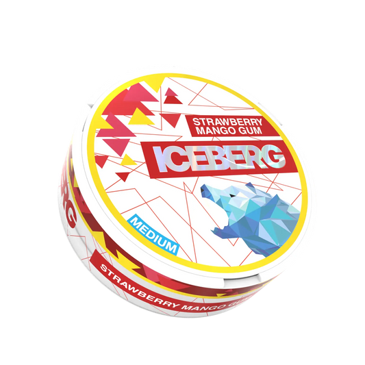 Packaging of Iceberg Strawberry Mango Gum in a circular tin with vibrant red and yellow colors and a flavor label.