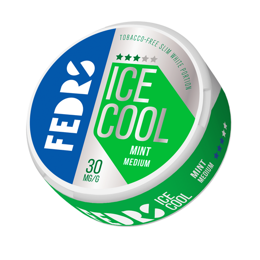 Front view of a circular mint ice cool can featuring blue, green, and white branding.