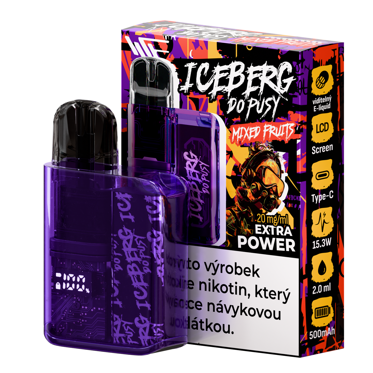 Packaging shot of a purple vape kit featuring a compact design and vibrant flavor descriptions.