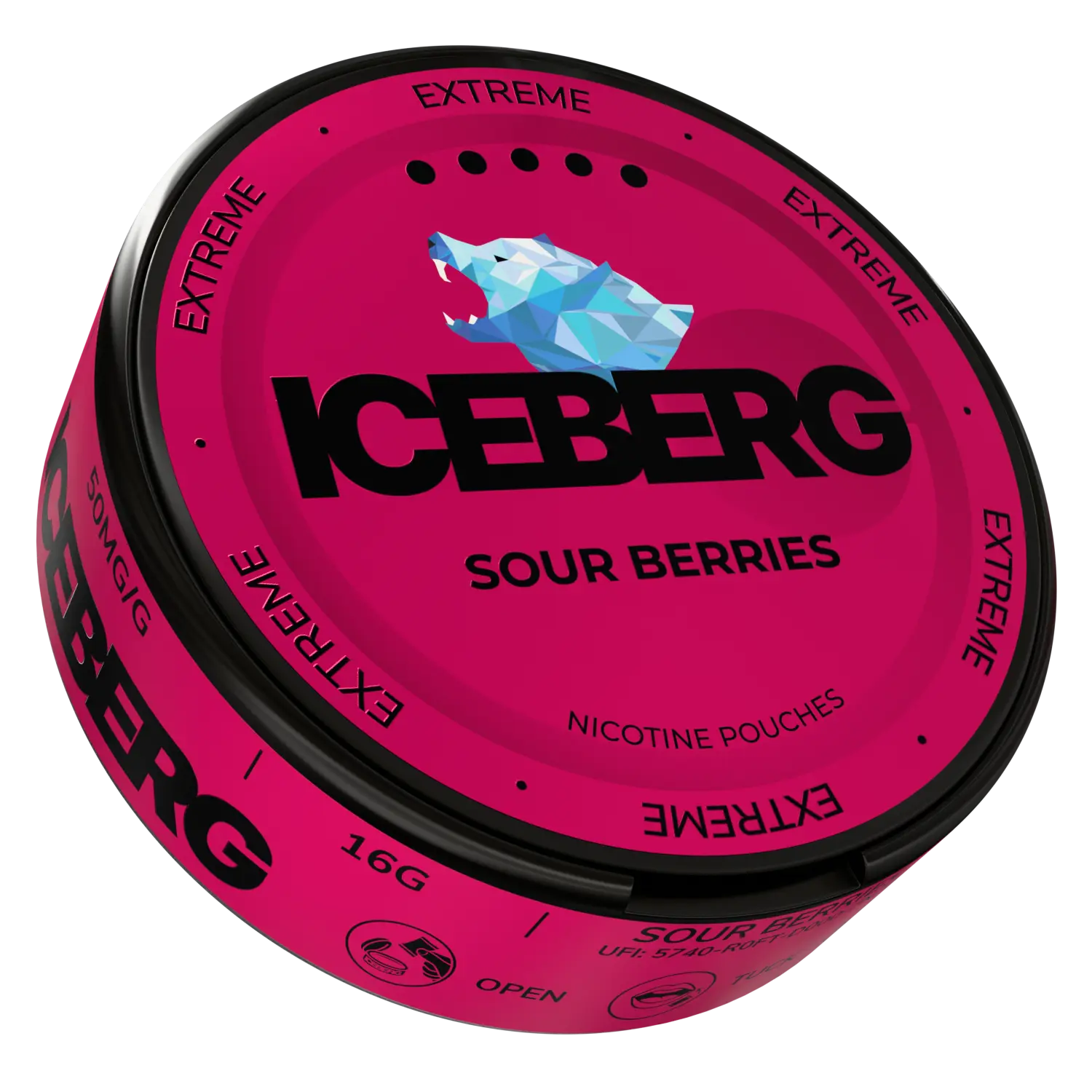 Side view of a circular tin of Iceberg Sour Berries featuring a pink and black flavor label.
